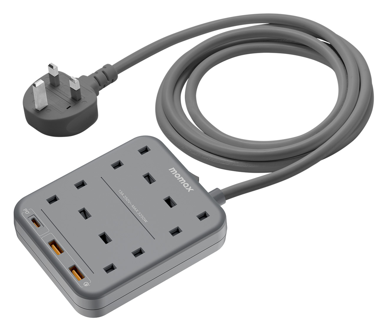 شاحن OnePlug من Momax / مع 4 مداخل كهرباء ثلاثية + مدخلين USB + مدخل تايب سي / قوة 20 واط / اسود