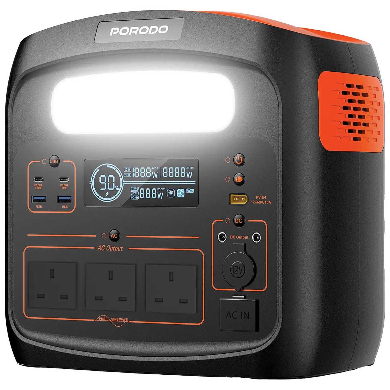 Porodo Portable Power Station / 1102.5Wh Capacity / Built-in LED Light / Supports Solar Charging