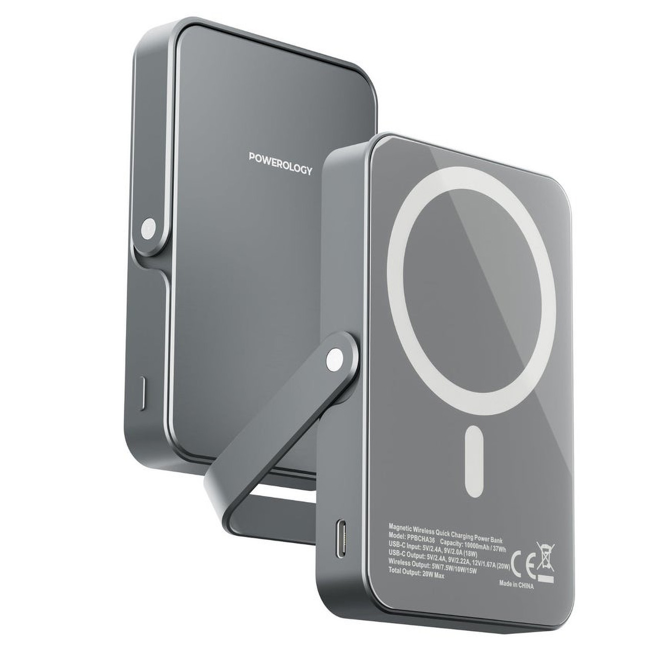 Powerology Spetemor Wireless Power Bank / 10,000mAh / Type-C Port / Built-in Stand / Grey