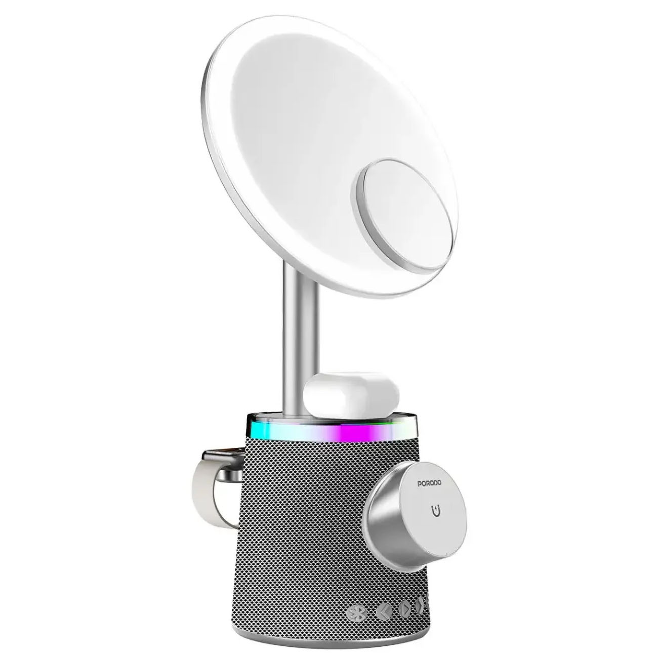 Porodo Makeup Mirror / Wireless Charger for Phone + AirPods + Watch / Built-in Speaker / Silver