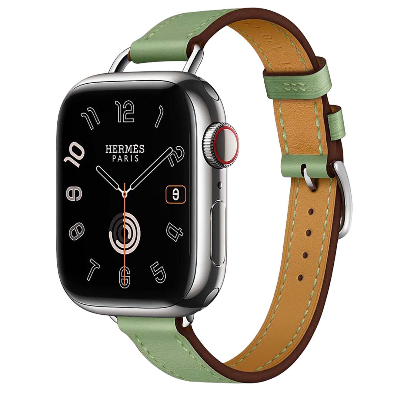 ساعة ابل اصدار Hermes جيل 11 / ستيل مع سير سنقل تور جلد لون Vert Criquet / حجم 42