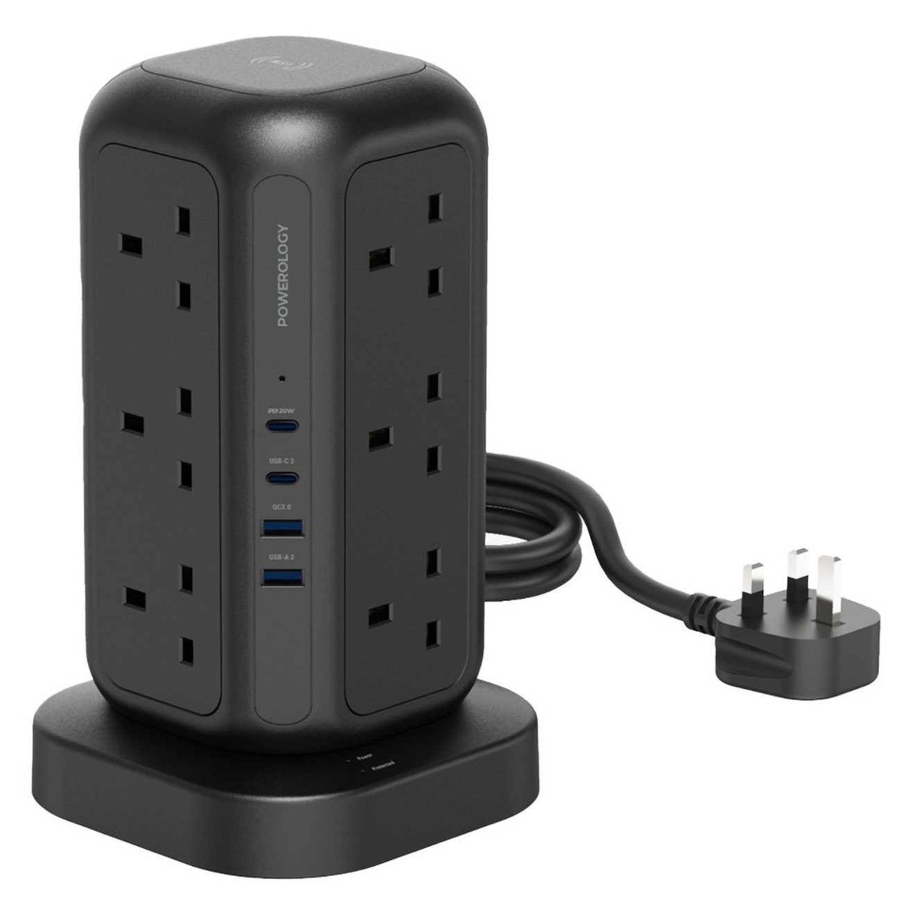 توصيلة من باورولوجي تعطيك 12 مدخل ثلاثي + مدخلين تايب سي + مدخلين USB / مع شحن لاسلكي / قوة 3250 واط