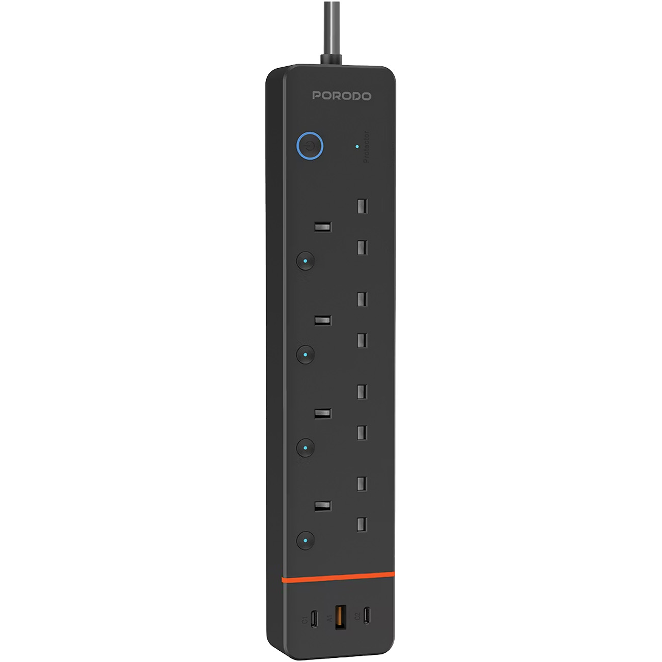Porodo Power Strip / 4 AC Sockets + 2 Type-C Ports + 1 USB Port / App Control / 1.8m Length