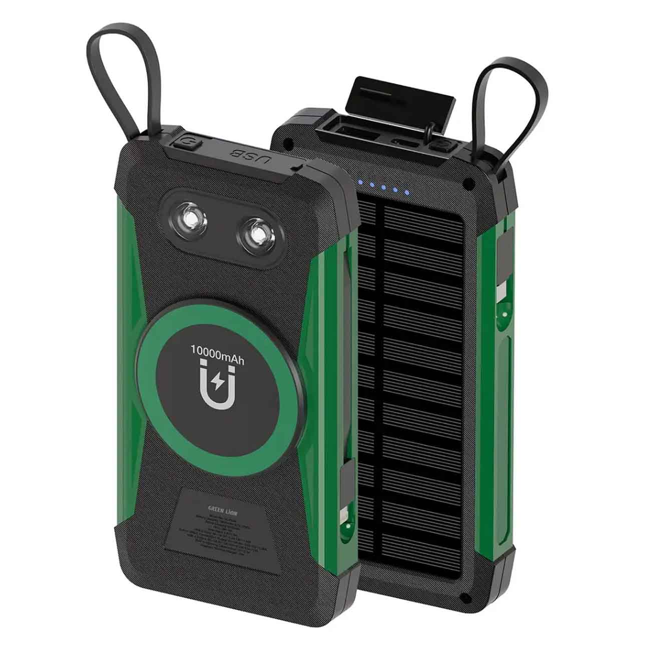 Green Wireless Power Bank 10,000mAh / Supports Solar Charging / Built-in Type-C & Lightning Cable