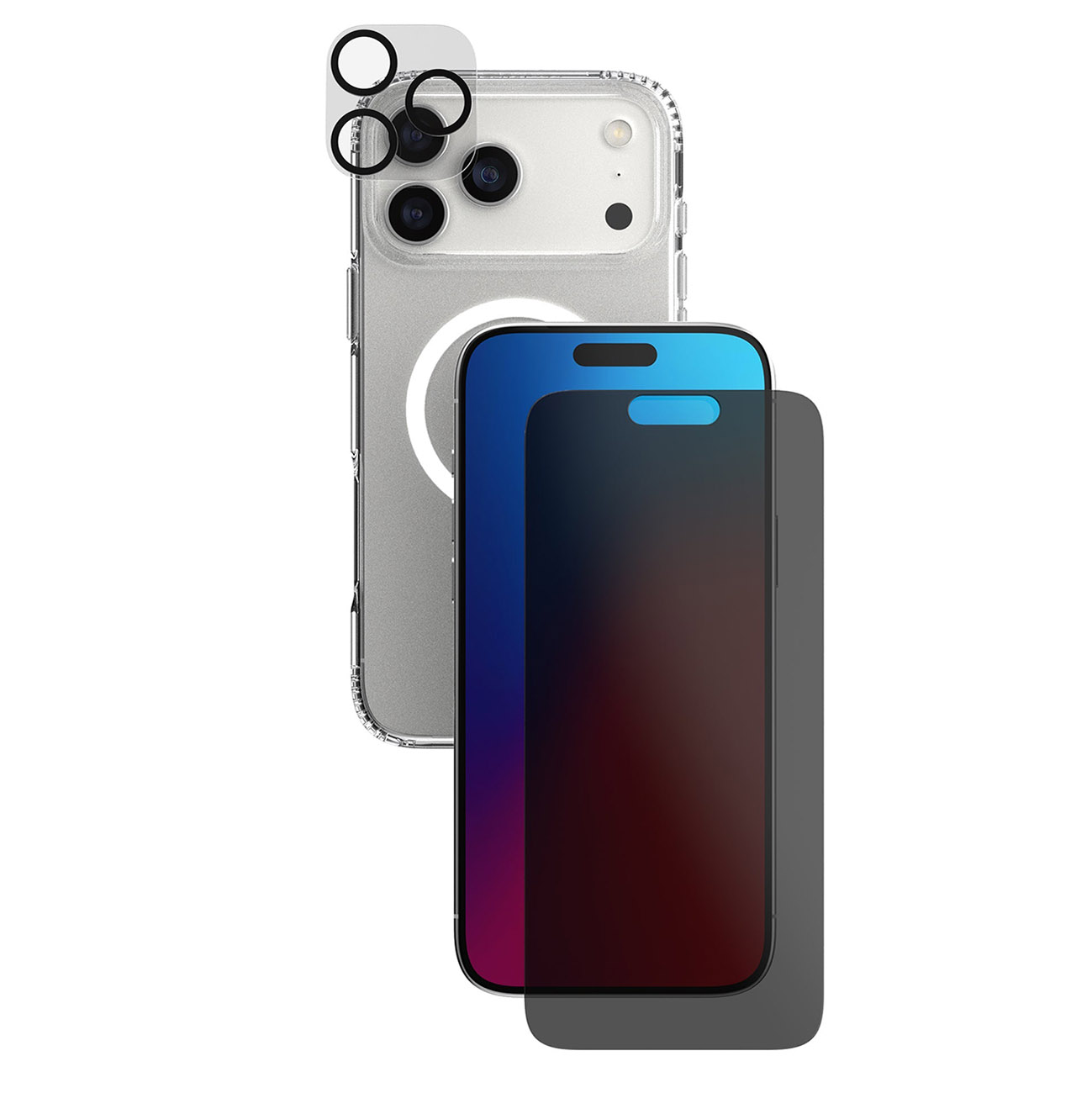 حزمة حماية لايفون 17 برو ماكس من Tech21 / كفر شفاف + حماية شاشة زجاج مخفي + عدسة كاميرا 