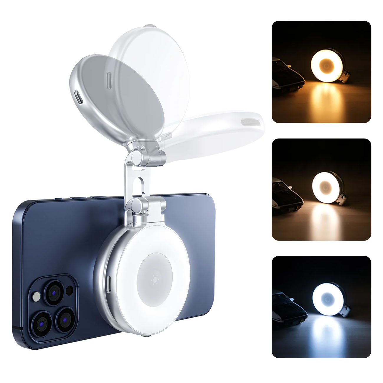 Telesin Magnetic Phone Light / Mirror + Built-in Stand / Battery Powered / 3 Brightness Levels