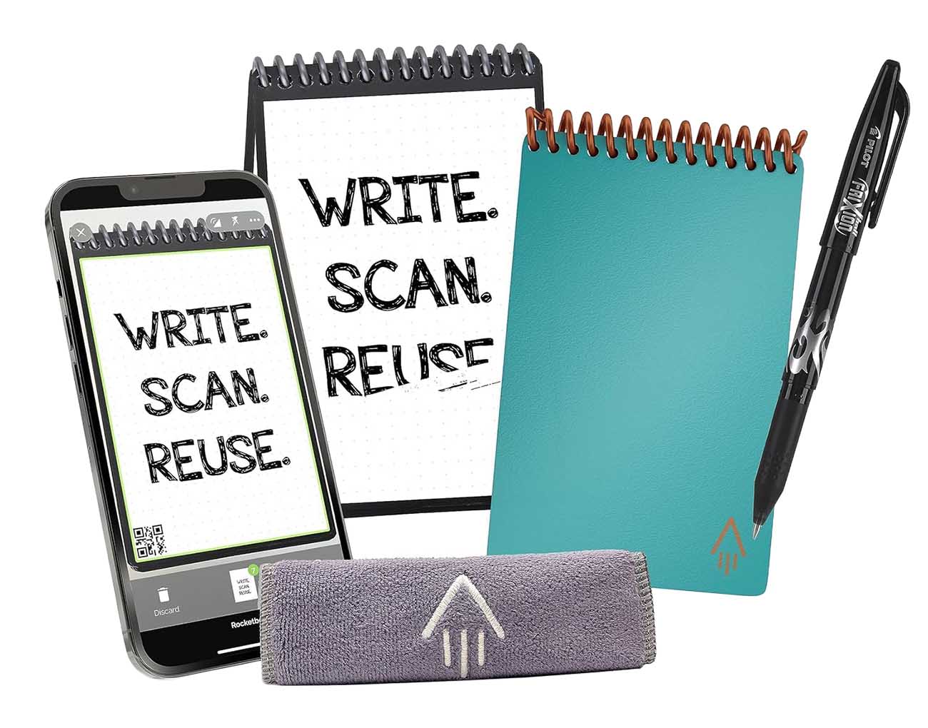 دفتر Rocketbook Core ميني الذكي / قابل لاعادة الاستخدام / مع قلم كتابة / حجم 3.5x5.5 انش / تركواز
