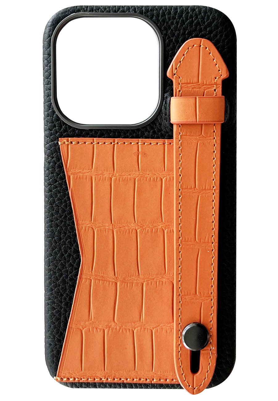 Double A iPhone 14 Pro Leather Case / Qatari Brand / Card Holder & Grip / Black & Orange