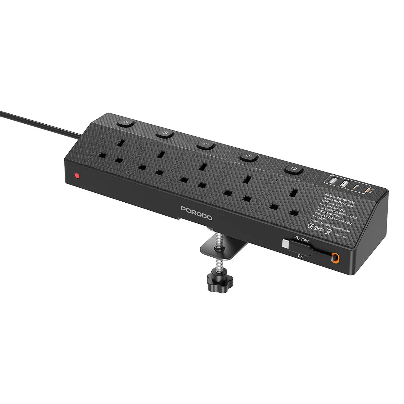 Porodo Power Strip / 5 AC Sockets + 2 USB-A + 2 Type-C Ports / Built-in Cable / 3250W Power