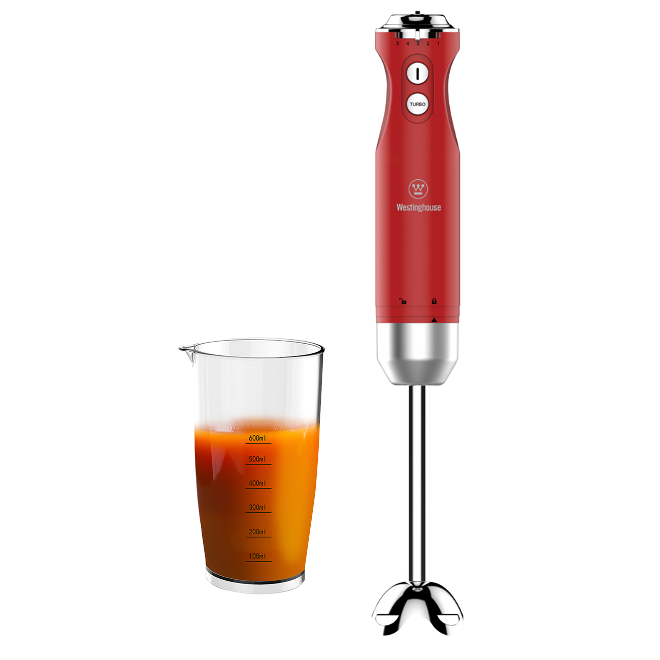 خلاط يدوي من Westinghouse / مع كوب سعة 600 مل / 5 سرعات للاستخدام / قوة 600 واط / احمر