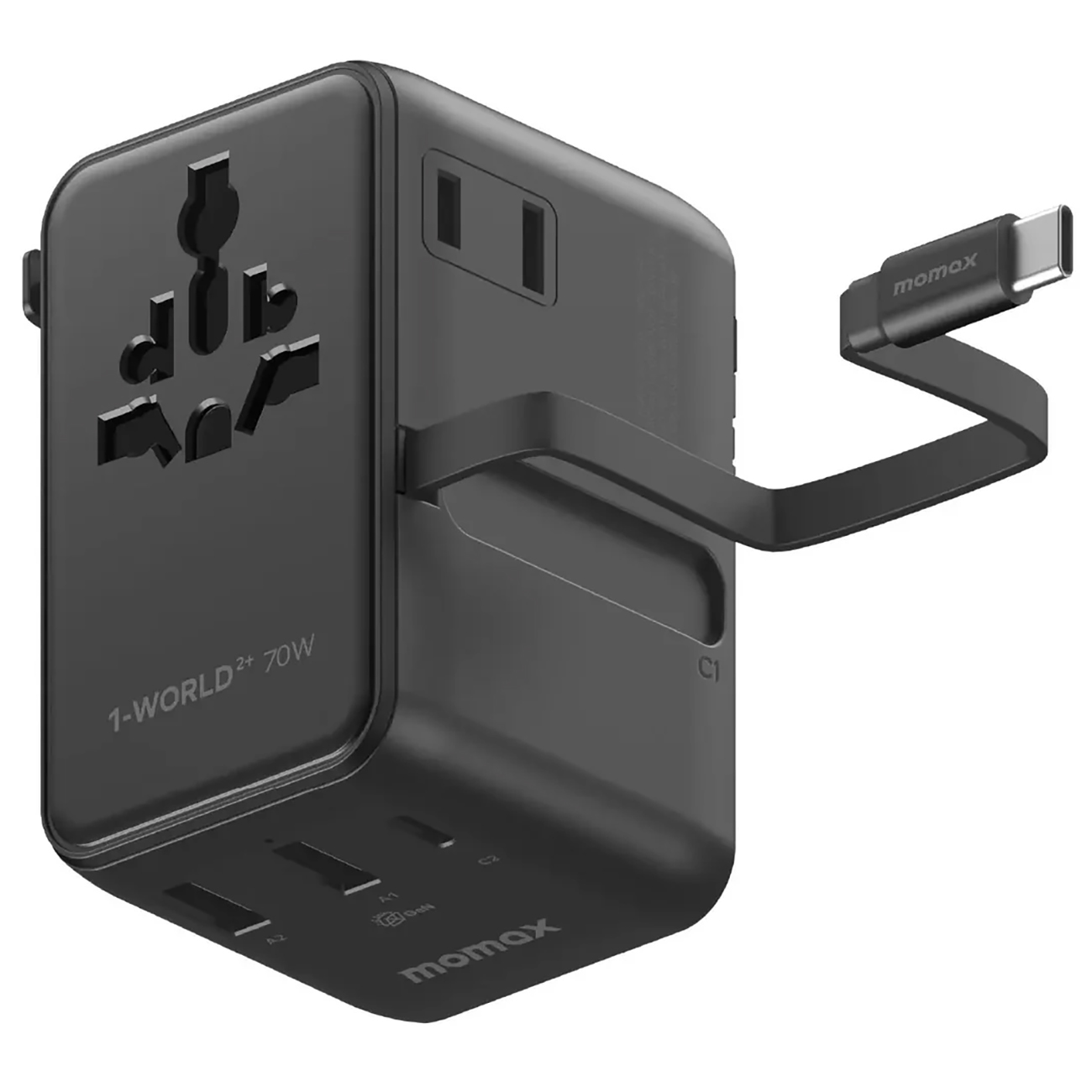 Momax 1-World²⁺ Travel Adapter / 70W GaN / Type-C + 2 USB Ports / Built-in Type-C Cable / Black
