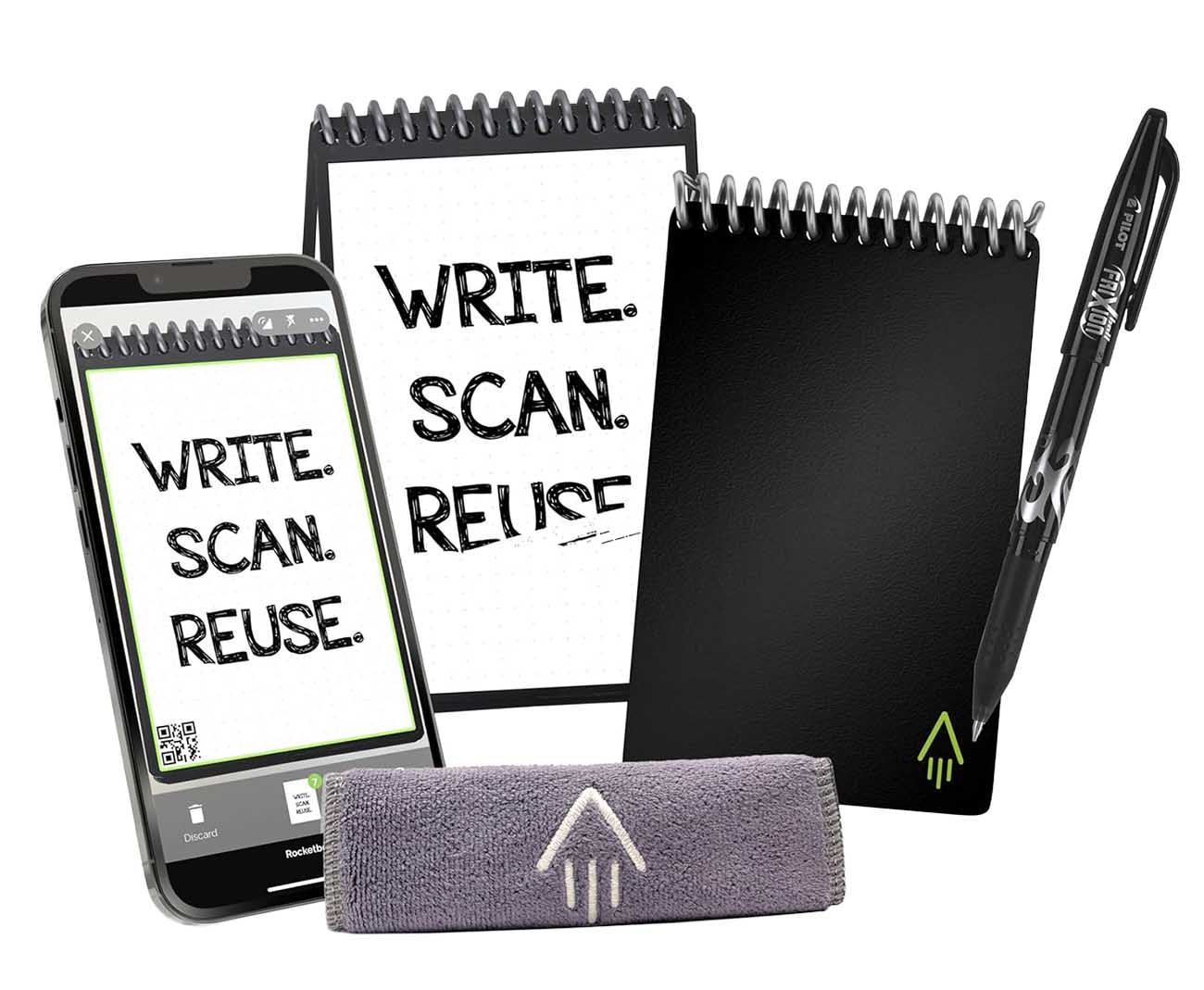 دفتر Rocketbook Core ميني الذكي / قابل لاعادة الاستخدام / مع قلم كتابة / حجم 3.5x5.5 انش / اسود