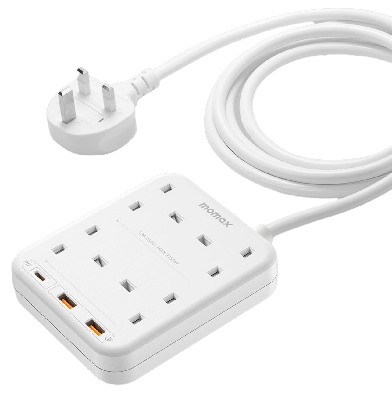 شاحن + توصيلة OnePlug من Momax / مع 4 مداخل كهرباء ثلاثية + 2 تايب سي + مدخل USB / قوة 20 واط