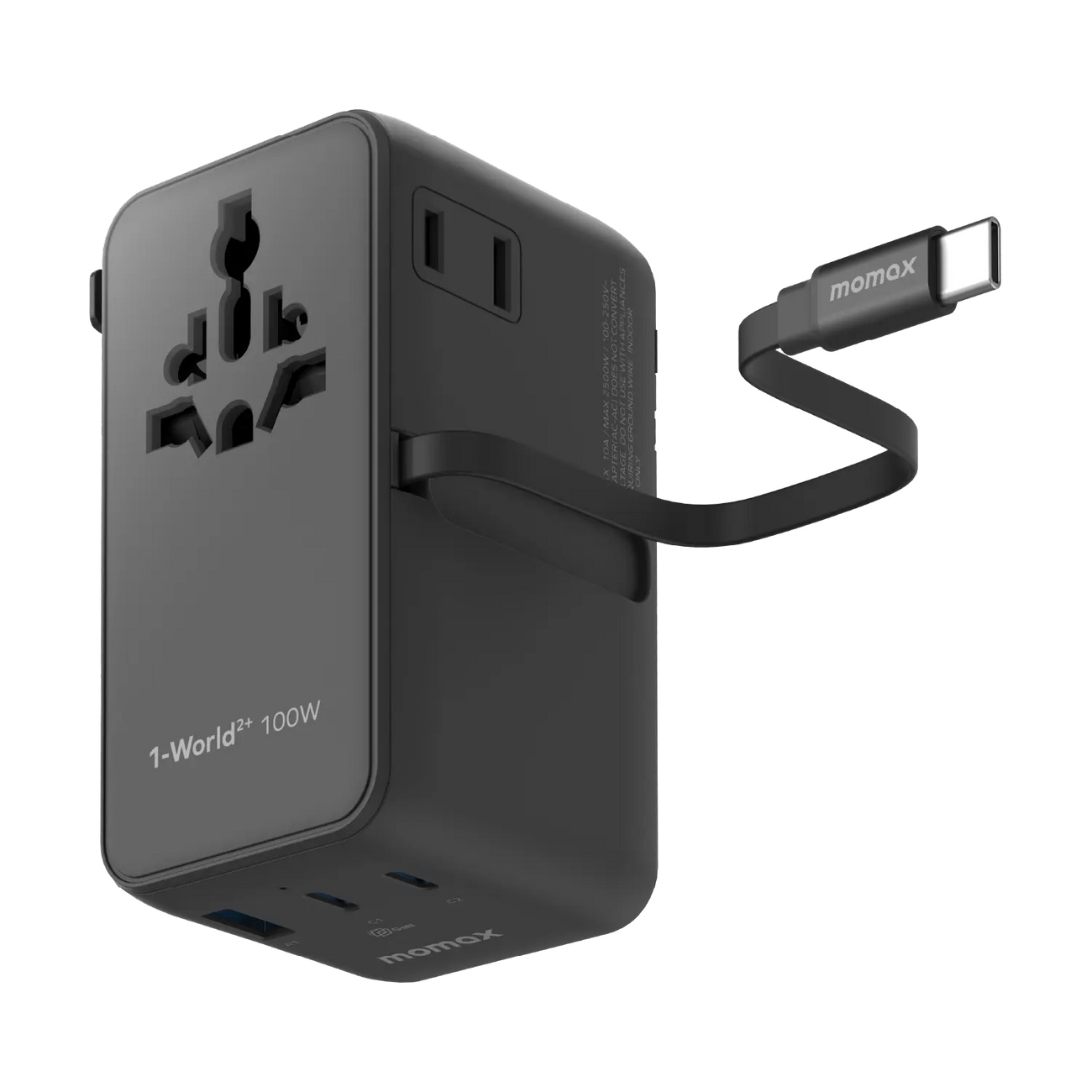 Momax 100W Travel Charger / 2 Type-C Ports + USB Port / Built-in Type-C Cable