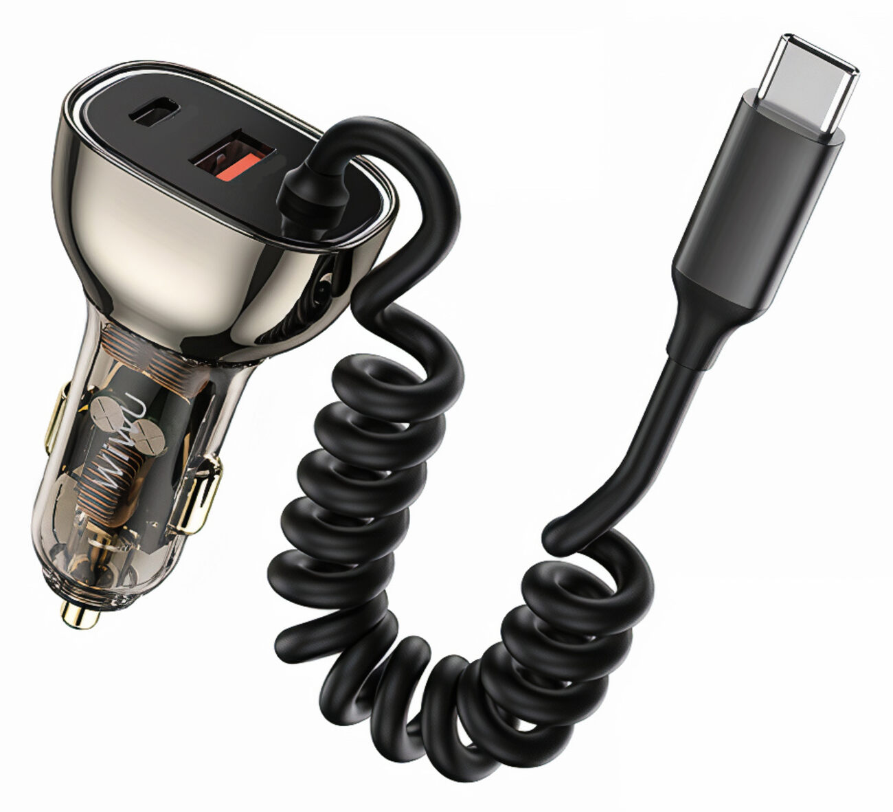 WiWU Car Charger / Provides Type-C & USB Ports / Built-in Type-C Cable / 90W Power