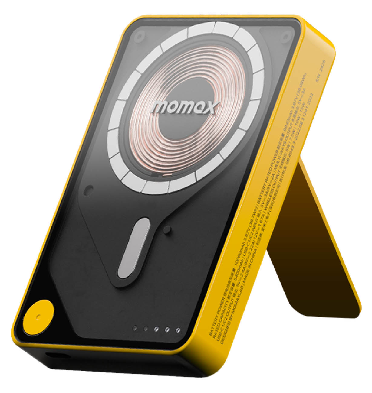 بطارية Momax 1-Power اللاسلكية / سعة 10 الاف mAh / مع ستاند + واير تايب سي مدمج / ماج سيف / اصفر