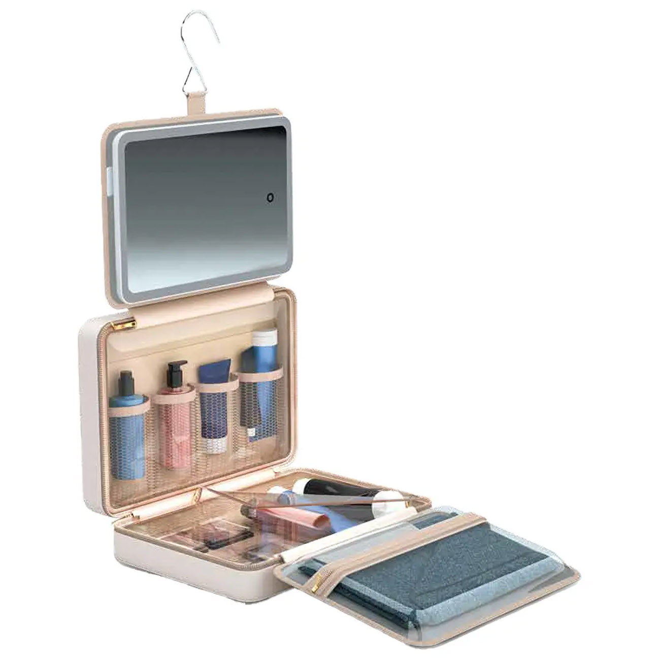 Porodo Makeup Bag / with Mirror + LED Light / Battery Operated / Inner Dividers