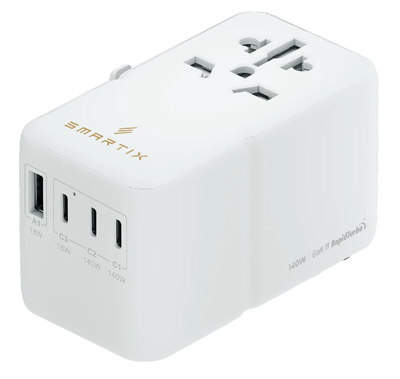 Smartix Travel Adapter / 3 Type-C Ports + 1 USB Port / Universal Compatibility / 140W Power