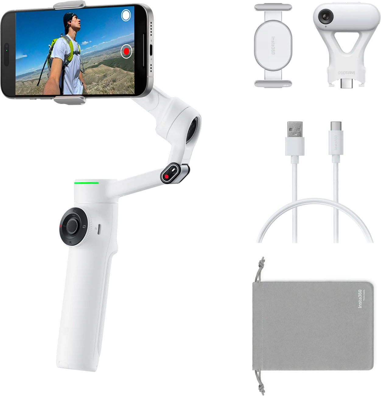 حزمة Insta360 Flow 2 AI Tracker للجوال / ستاند ترايبود و عصا سيلفي مع تتبع بالـ AI / ابيض