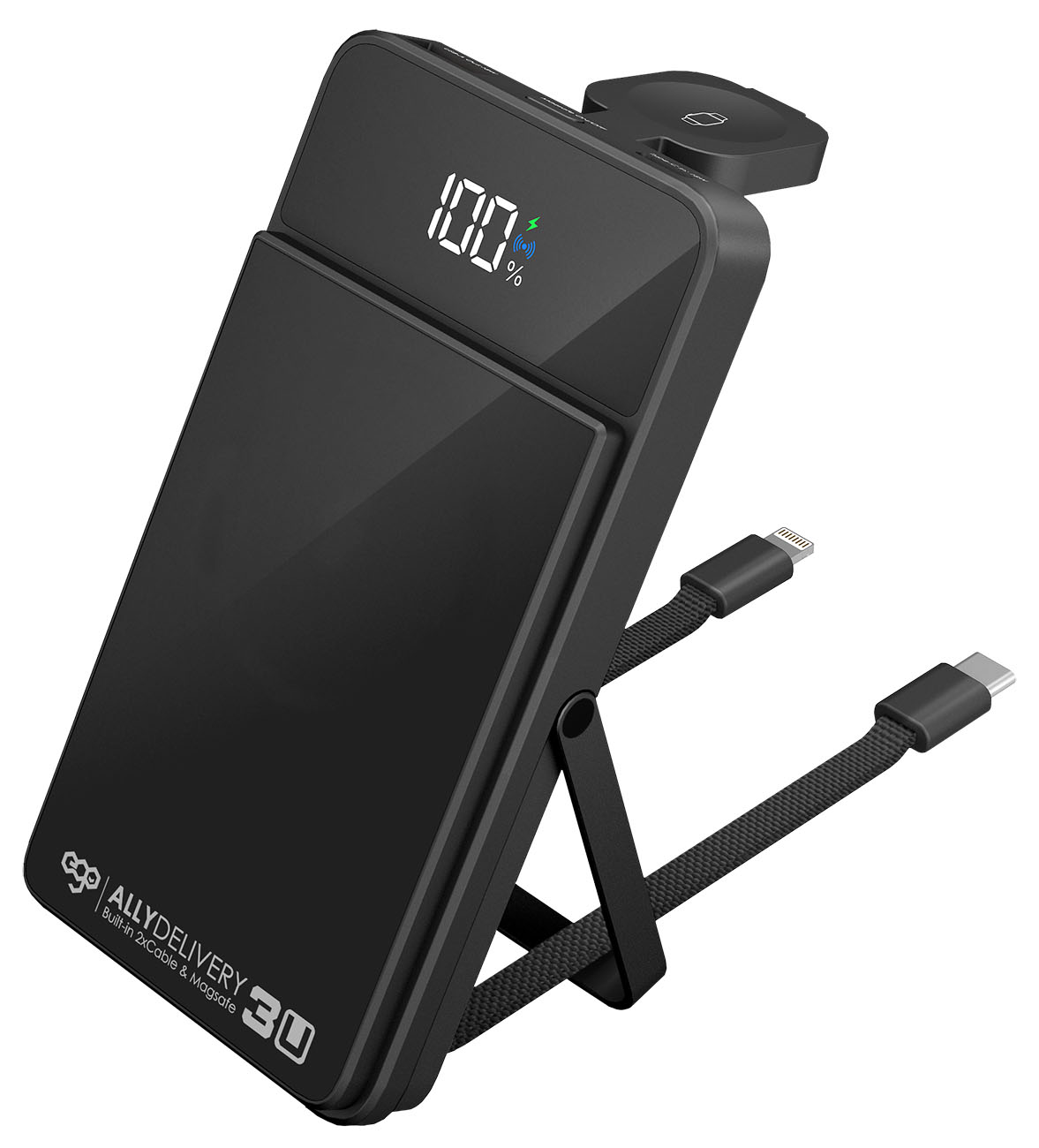 ego Magnetic Power Bank / 12,000mAh / With Stand + Type-C Cable + Lightning Cable / Black