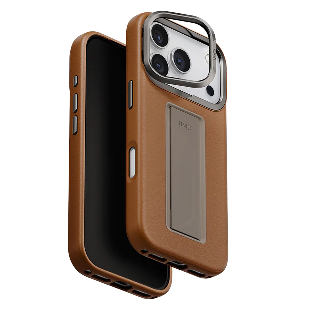 UNIQ Heldro Pro Case for iPhone 17 Pro / Built-in Grip + Stand / Leather / MagSafe / Caramel