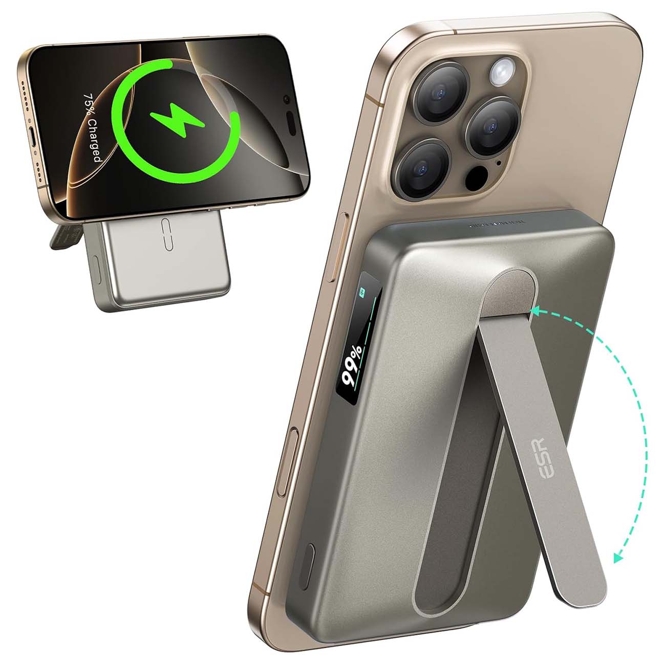 ESR Qi2 Magnetic Power Bank / 10,000mAh Capacity / Built-in Stand / 27W Type-C Port / Titanium