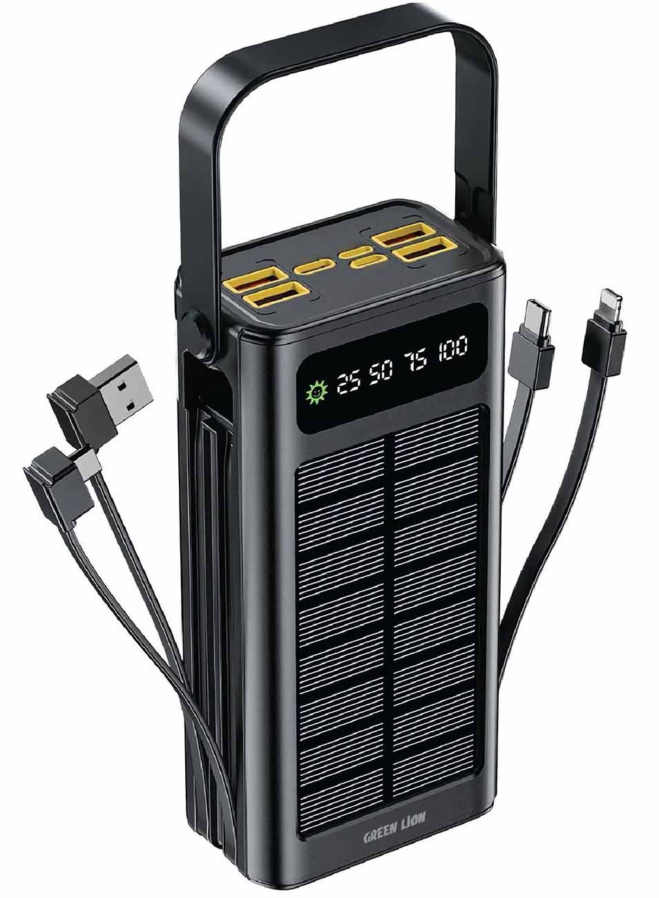 بطارية Solar X من جرين / سعة 30 الف mAh / مع لوحة شمسية / 7 مداخل + 4 وايرات مدمجة