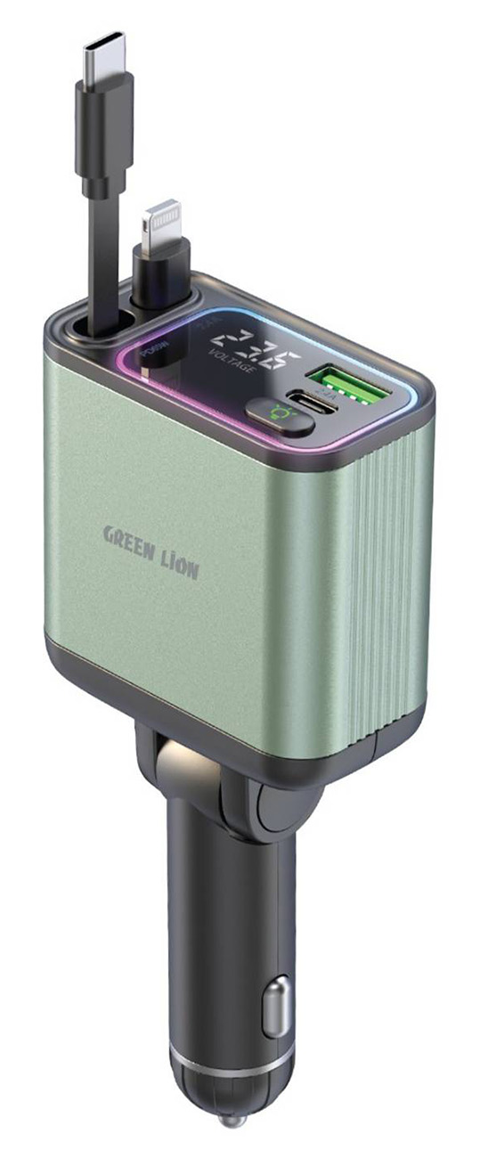 شاحن سيارة من جرين / يعطيك مدخل تايب سي + مدخل USB / مع واير تايب سي و Lightning مدمج / قوة 90 واط