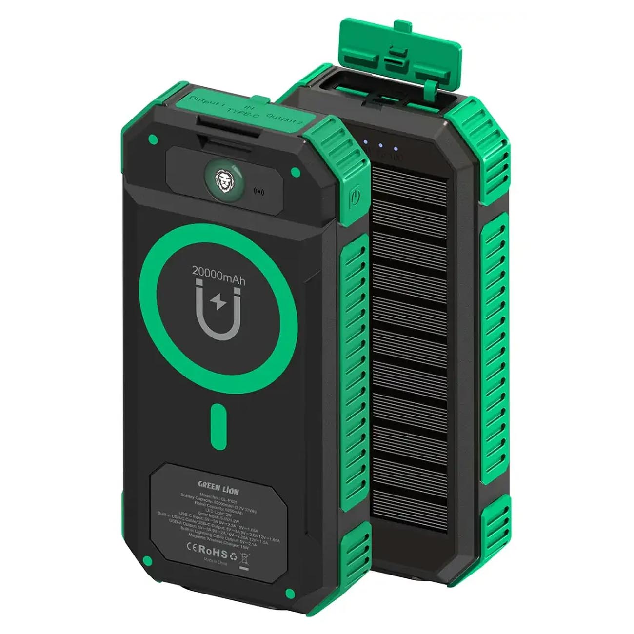 Green Wireless Power Bank 20000mAh / Type-C Port + 2 USB-A Ports / Supports Solar Charging