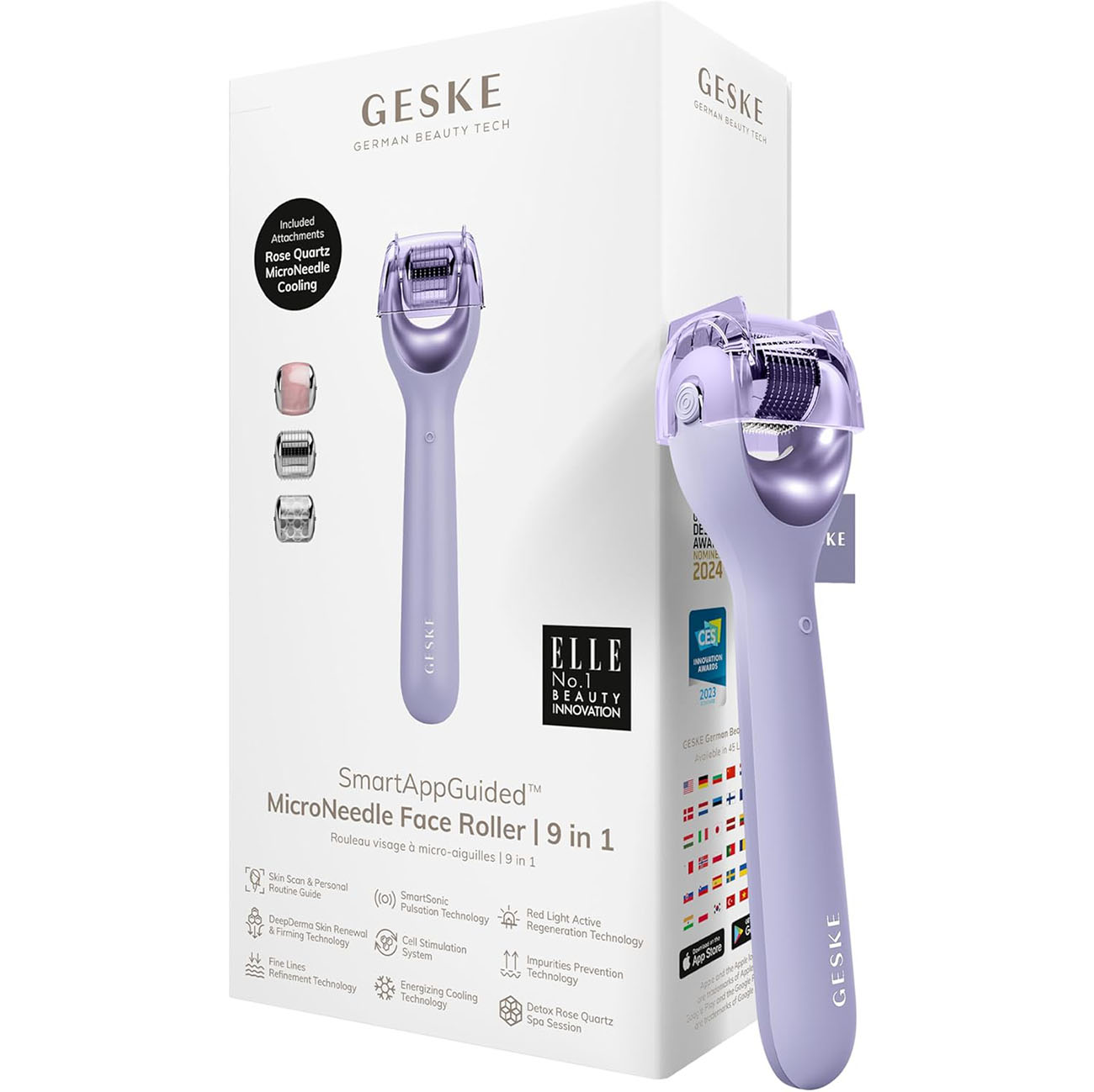 Geske MicroNeedle Face & Body Roller / With 3 Interchangeable Heads / Purple