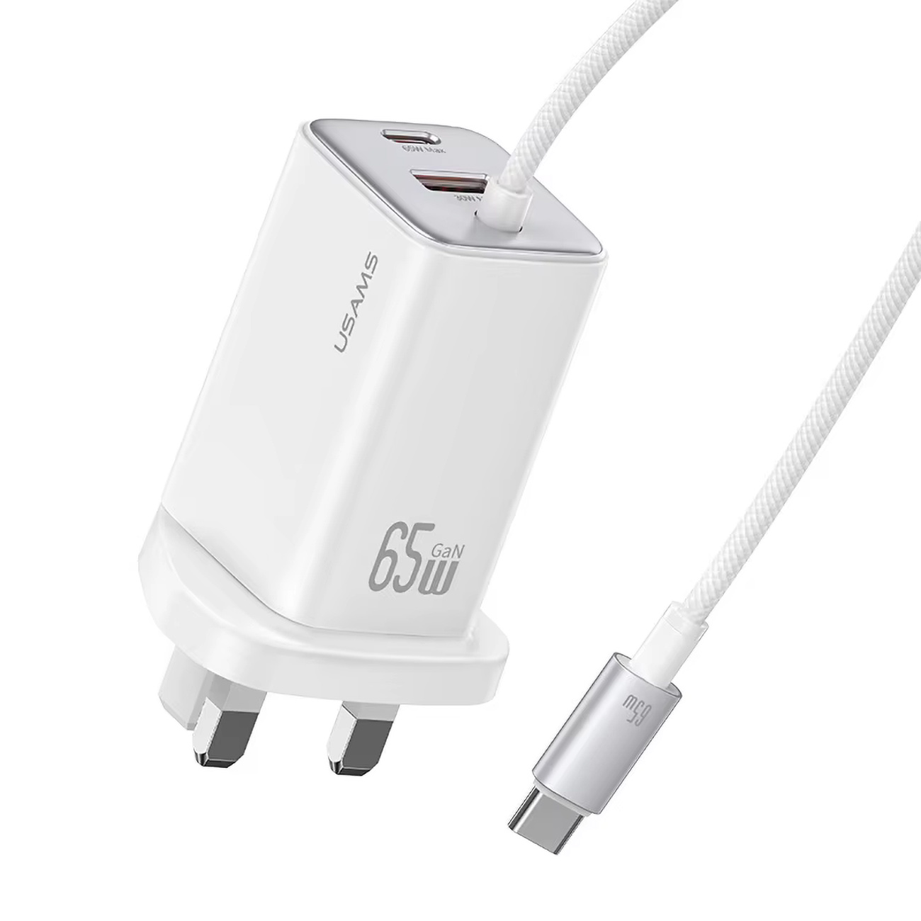 USAMS GaN Charger / Type-C Port + USB-A Port / Built-in Type-C Cable / 65W Power / White