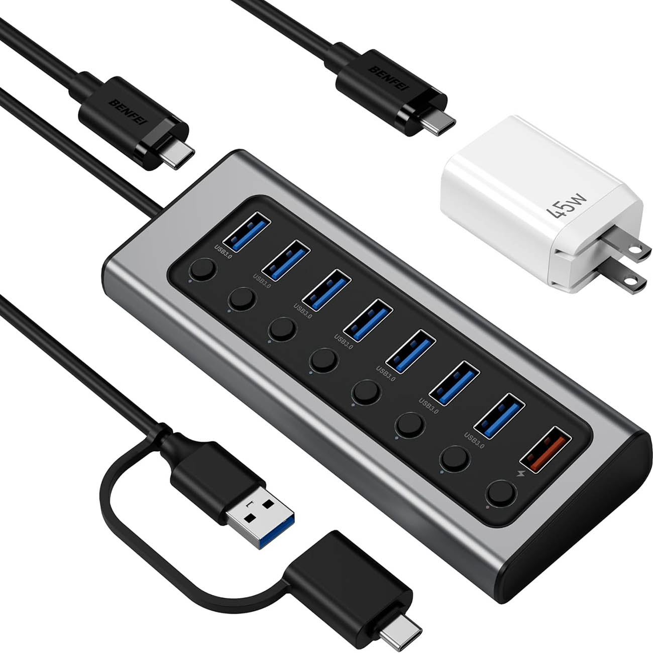 BENFEI Hub 7 USB-A Data Ports + 1 USB-A Charging Port / With 45W GaN Charger + 1.2m Type-C Cable