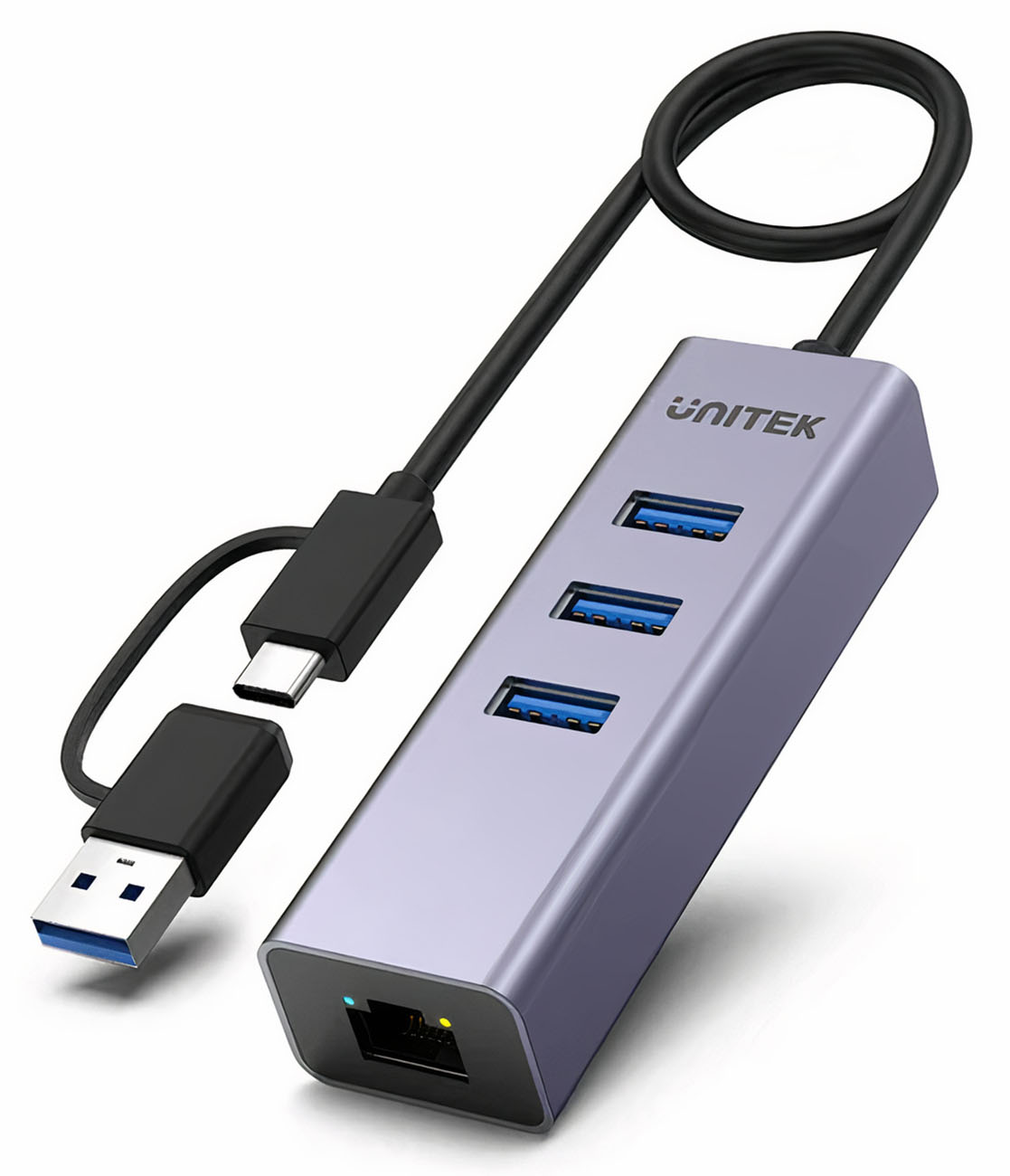 Unitek Adapter with 3 USB Ports / Built-in Type-C & USB Cable / With Ethernet Port / Space Grey