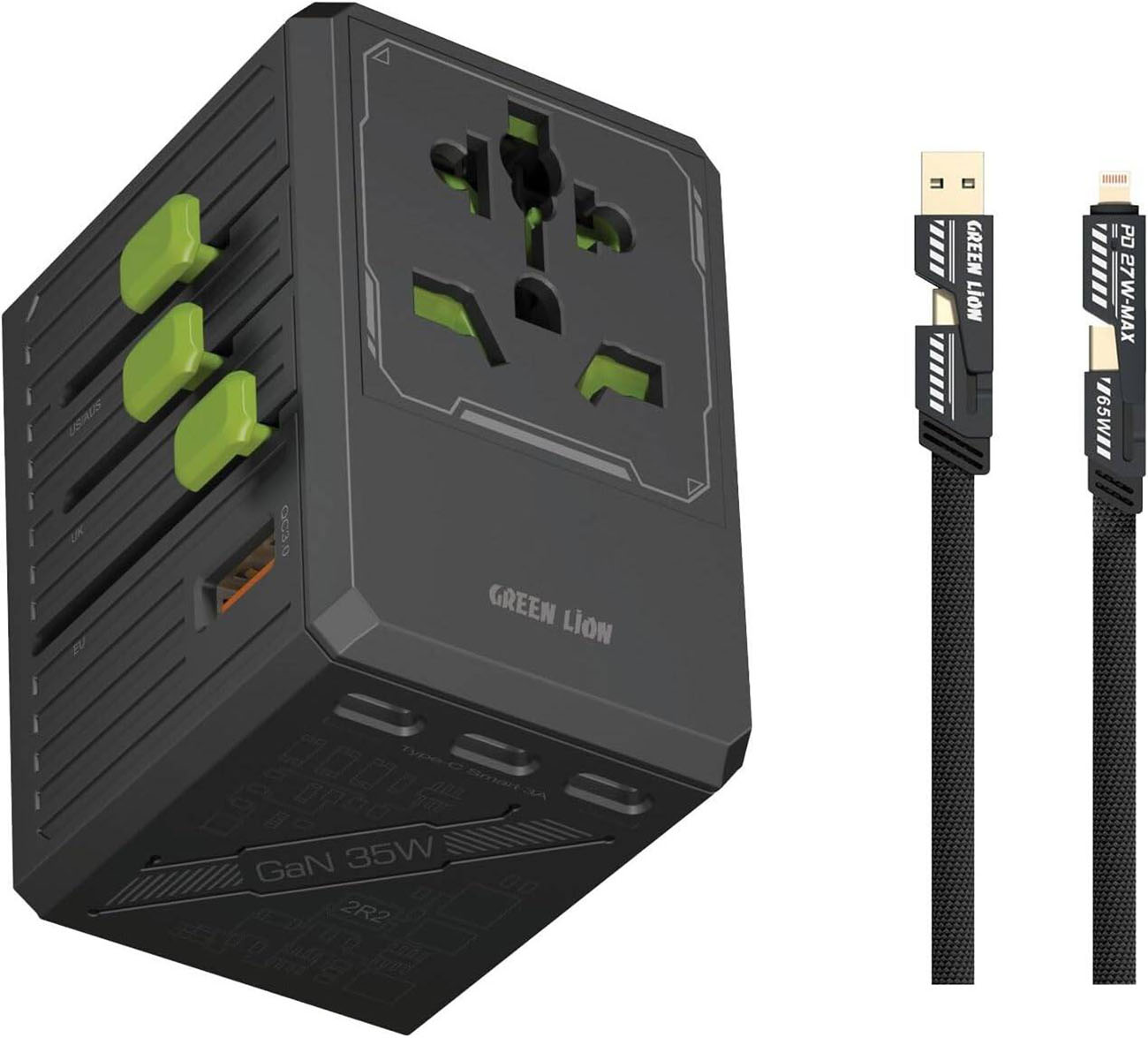 Green Travel Adapter / 4 Type-C + 1 USB Ports / Universal Compatibility / 2500W Power / With Cable