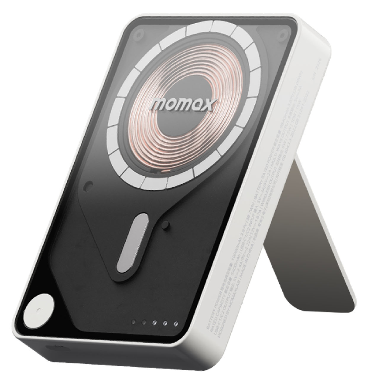 بطارية Momax 1-Power اللاسلكية / سعة 10 الاف mAh / مع ستاند + واير تايب سي مدمج / ماج سيف / ابيض