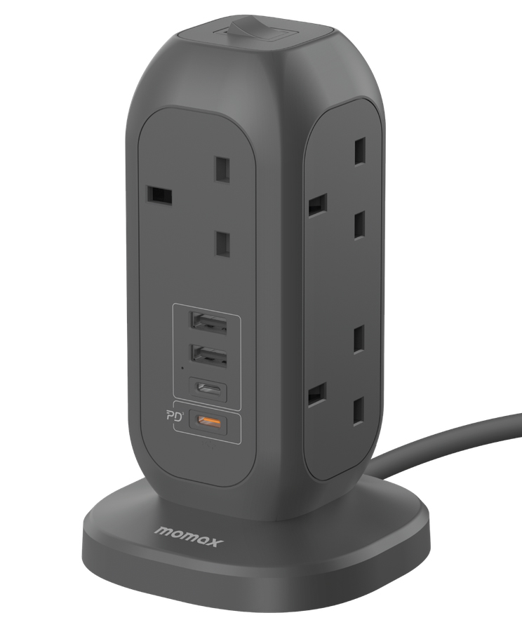 توصيلة OnePlug من Momax / مع 7 مداخل كهرباء ثلاثية و مدخلين تايب سي و مدخلين USB / اسود