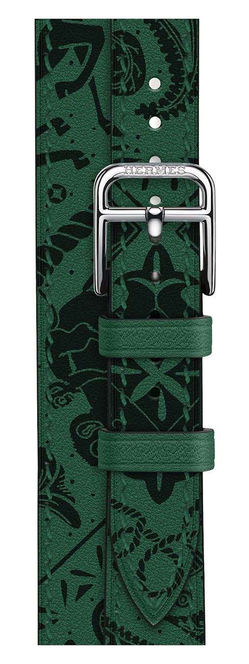 Hermes Strap for Apple Watch / Steel with Double Tour Leather / Size 42 / Vert Moyen