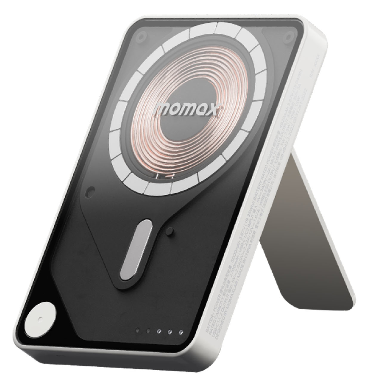 بطارية Momax 1-Power اللاسلكية / سعة 5000 mAh / مع ستاند + واير تايب سي مدمج / ماج سيف / ابيض