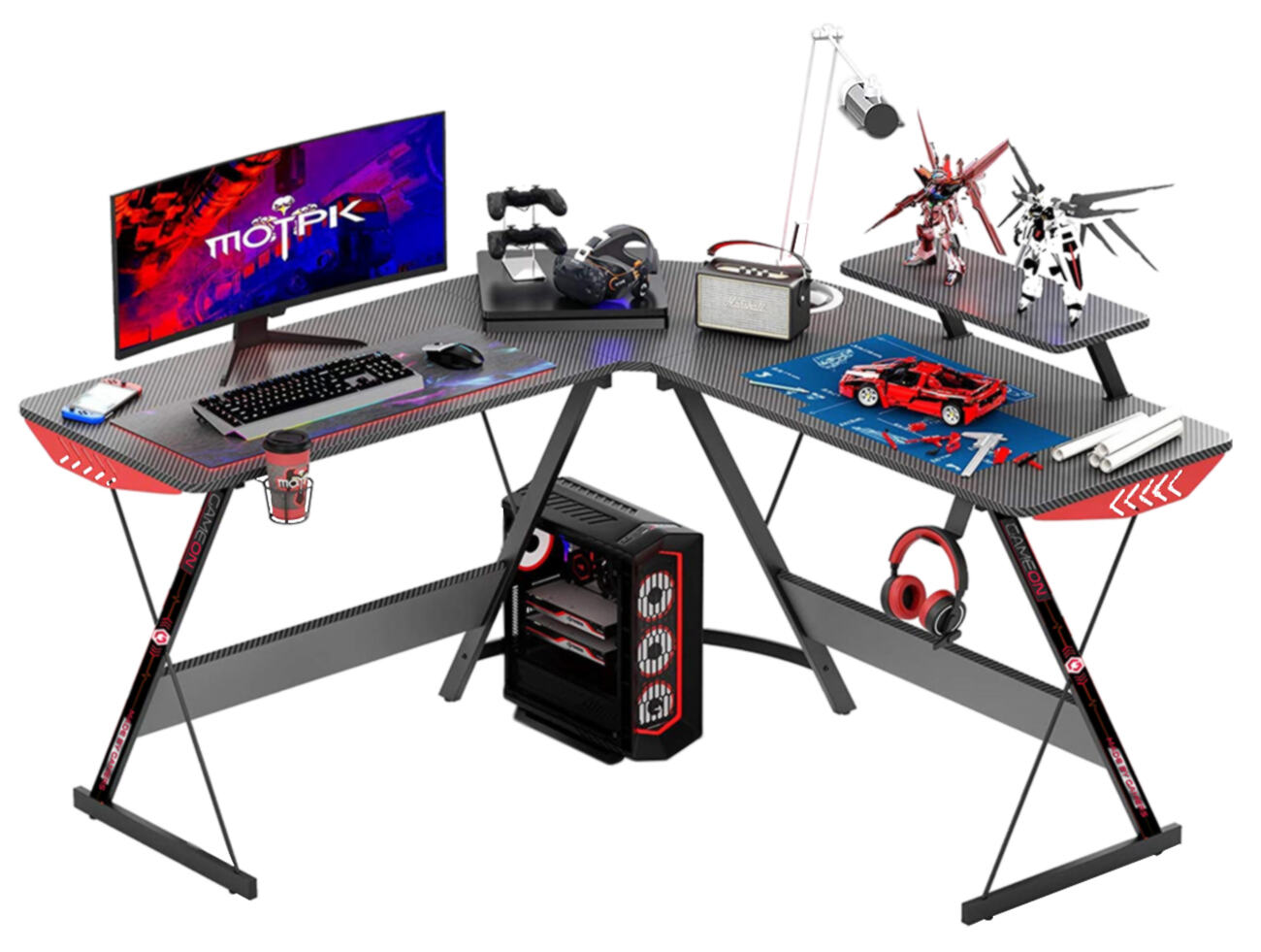 GameOn L-Shaped Desk / Adjustable Length / With Speaker Stand & Cup Holder